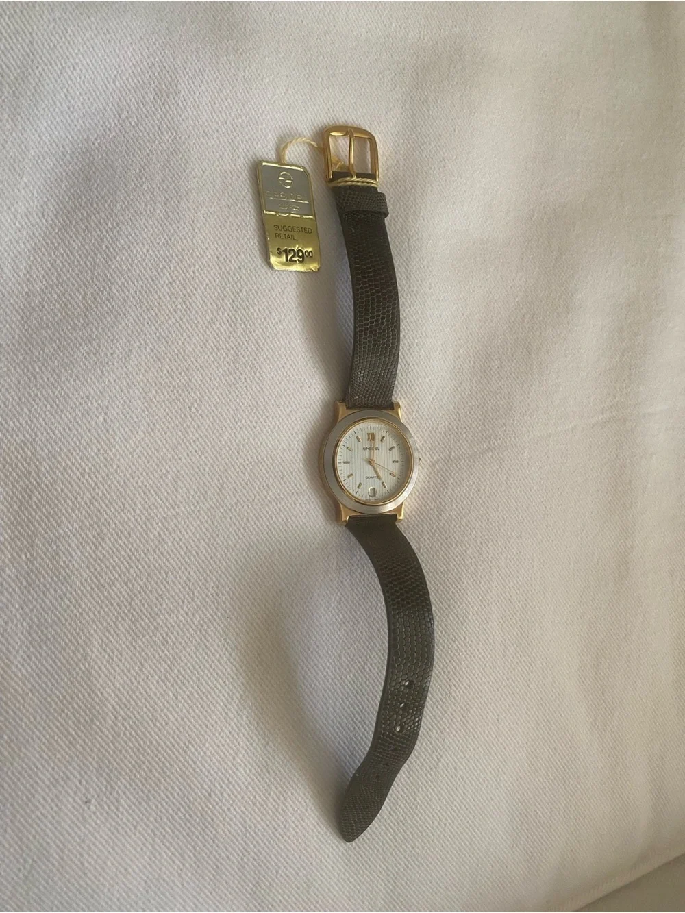 Vintage Spidel Gold-Tone Case Watch with Olive Green Leather Strap